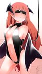  arms_behind_back bare_shoulders bat_wings bdsm black_gloves blindfold blush breasts elbow_gloves gloves head_wings highres koakuma large_breasts latex leash long_hair low_wings mantarou_(shiawase_no_aoi_tori) navel pointy_ears red_hair solo touhou wings 