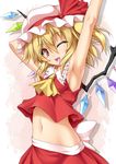  ;d arm_behind_head arm_up armpits ascot blonde_hair breasts flandre_scarlet hat looking_at_viewer navel one_eye_closed open_mouth red_eyes roura short_hair sleeveless small_breasts smile solo stomach touhou wings 