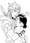  1girl ahiru1126 black_hair blush couple greyscale hat hetero higashikata_rina hood hoodie hug japanese_clothes johnny_joestar jojo_no_kimyou_na_bouken jojolion kimono monochrome one_eye_closed short_hair steel_ball_run wristband 