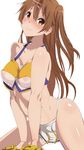  blush breasts brown_eyes brown_hair cheerleader chuunibyou_demo_koi_ga_shitai! covered_nipples highres kiiro_no_nantoka large_breasts long_hair looking_at_viewer midriff nibutani_shinka nipples one_side_up see-through side_ponytail simple_background smile solo white_background 