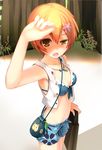  bikini blue_bikini coin_purse collarbone fang floral_print front-tie_bikini front-tie_top hair_ornament hairclip half-closed_eyes highres hoshizora_rin jewelry love_live! love_live!_school_idol_project necklace open_mouth orange_hair print_shorts rods sarong shading_eyes short_hair shorts solo standing swimsuit tote_bag yellow_eyes 