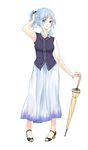  alternate_hairstyle blue_eyes blue_hair closed_umbrella contemporary kumoi_ichirin long_skirt mayoln planted_umbrella ponytail sandals skirt sleeveless smile solo touhou umbrella 