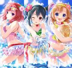  :d ;p ball beachball bikini_skirt black_hair blue_eyes blush bracelet cloud collage day earrings eyewear_on_head finger_to_mouth flower green_nails hair_flower hair_ornament hairband heart jewelry kousaka_honoka looking_at_viewer love_live! love_live!_school_idol_project multiple_girls nail_polish natsuiro_egao_de_1_2_jump! navel necklace nishikino_maki nisson one_eye_closed open_mouth orange_hair purple_eyes red_eyes red_hair short_hair short_twintails sky smile splashing sun sunglasses tongue tongue_out twintails wading water yazawa_nico 