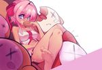  bare_shoulders barefoot blue_eyes breasts crossed_legs doughnut eating food hair_ribbon jpeg_artifacts kirby kirby_(series) md5_mismatch medium_breasts multiple_persona personification pink_hair reclining ribbon sho-n-d short_hair solo_focus toes x_x 
