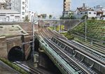  building cityscape colored_pencil_(medium) dated day hayashi_ryouta no_humans original outdoors photorealistic railroad_tracks real_world_location scenery signature tokyo_(city) traditional_media tunnel 