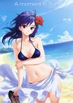  beach bikini blue_hair breasts cloud day flower hair_flower hair_ornament hibiscus highres long_hair looking_at_viewer medium_breasts navel ocean original outdoors parted_lips purple_eyes sarong sky smile solo swimsuit thigh_gap water wox 