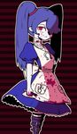  1girl alice:_madness_returns alice_(wonderland)_(cosplay) alice_in_wonderland alice_liddell american_mcgee&#039;s_alice american_mcgee's_alice apron blood blue_skin cosplay hair_over_one_eye inarou_(rakugakiproject) knife red_eyes skullgirls squigly_(skullgirls) stitched_mouth twintails zombie 