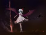  barefoot blue_hair capelet dress from_behind hat hi-yo outstretched_arms remilia_scarlet short_hair solo spear_the_gungnir spread_arms standing touhou wings 