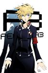  aegis_(persona) armband blonde_hair blue_eyes commentary copyright_name dh_(brink_of_memories) headphones highres humanization looking_at_viewer official_style persona school_uniform shadow signature solo white_background 