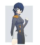  blue_eyes blue_hair cosplay dh_(brink_of_memories) digital_devil_saga facial_tattoo hair_between_eyes highres looking_at_viewer persona persona_4 sera_(dds) sera_(dds)_(cosplay) shirogane_naoto short_hair signature solo tattoo unfinished 