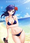  beach bikini blue_hair breasts cleavage cloud day flower hair_flower hair_ornament hibiscus highres long_hair looking_at_viewer medium_breasts navel ocean original outdoors parted_lips purple_eyes shiny shiny_skin skindentation sky smile solo strap_gap swimsuit thigh_gap water wox 