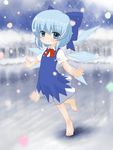  bare_legs barefoot blue_eyes blue_hair bow cirno hair_bow hair_ornament hair_ribbon highres ice ice_wings looking_at_viewer outstretched_arms ribbon short_hair smile snowing solo spread_arms touhou wings zimajiang 