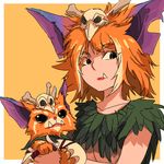  1boy 1girl animal_ears black_eyes bone fang fangs genderswap gnar gnar_(league_of_legends) hair_ornament ipaanbaa leaf_clothing league_of_legends monster_girl orange_hair personification skull skull_hair_ornament teeth yordle 