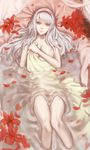  brown_eyes covering covering_breasts flower hairband kantai_collection kirigaku_luo long_hair looking_at_viewer lying partially_submerged petals shoukaku_(kantai_collection) solo towel water wet white_hair 