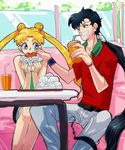  1girl alternate_hair_length alternate_hairstyle bishoujo_senshi_sailor_moon black_hair blonde_hair casual eating food food_on_face grin hamburger long_hair pants ponytail pppttt red_shirt seiya_kou shirt smile tsukino_usagi twintails 