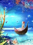  bangs blue_eyes boat braid bubble cloud coral dress fish flower hair_flower hair_ornament hands_on_lap highres horizon justminor long_hair looking_up original puffy_sleeves reflection rock side_braid sitting sky solo surreal tree water watercraft whale white_dress white_hair wide_shot 