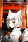  animal_ears fox_ears fox_tail japanese_clothes kamiyoshi_rika kimono multiple_torii original shinto short_hair solo tail torii white_hair yellow_eyes youkai 