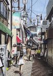  3girls colored_pencil_(medium) crowd dated day hayashi_ryouta multiple_boys multiple_girls original outdoors photorealistic real_world_location scenery shopping_district signature tokyo_(city) traditional_media 