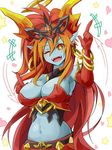  :d ;d armpits bangle bare_shoulders belt blue_skin blush bracelet breasts cleavage demon_girl demon_horns directional_arrow earrings elbow_gloves fangs gloves grin hair_between_eyes heart hera-ur_(p&amp;d) hera_(p&amp;d) hoop_earrings horns jewelry jpeg_artifacts large_breasts long_hair looking_at_viewer memento_vivi midriff multicolored_hair navel one_eye_closed open_mouth orange_eyes orange_hair pointing pointing_up pointy_ears puzzle_&amp;_dragons red_gloves red_hair simple_background smile solo star symbol-shaped_pupils tiara very_long_hair white_background 