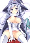  aila_jyrkiainen blush boots breasts breasts_outside cape covering covering_crotch cowgirl_position elbow_gloves frown fur_trim gloves gundam gundam_build_fighters hat implied_sex large_breasts long_hair nipples no_panties objectification purple_eyes qubeley_papillon silver_hair solo staff straddling tateha_(marvelous_grace) thigh_boots thighhighs very_long_hair witch_hat 