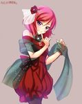  bangle bare_shoulders blush bow bracelet dated dress flower hair_flower hair_ornament highres jewelry looking_at_viewer love_live! love_live!_school_idol_project nishikino_maki off_shoulder pantyhose purple_eyes red_dress red_hair shawl short_hair simple_background sketch smile solo yu-ta 