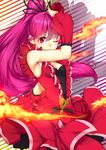  absurdres aino_megumi alternate_form armpits bad_id bad_pixiv_id cherry_flamenco cru cure_lovely detached_sleeves dress fire flower frills hair_flower hair_ornament happinesscharge_precure! highres long_hair magical_girl one_eye_closed pink_eyes pink_hair ponytail precure red_dress red_flower red_rose red_sleeves rose shadow smile solo striped striped_background very_long_hair wide_ponytail 
