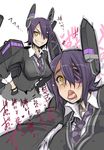  ahegao eyepatch grin kantai_collection multiple_views necktie purple_hair shindou_l smile tears tenryuu_(kantai_collection) tongue translation_request yellow_eyes 