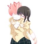  akemi_homura black_hair hair_ribbon hug kaname_madoka long_hair mahou_shoujo_madoka_magica multiple_girls pink_hair ribbon school_uniform short_hair short_twintails simple_background skirt tears twintails white_background yuka_(mikuxluka) yuri 