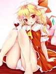  akira_b ascot blonde_hair blush cameltoe eyeball fangs fat_mons flandre_scarlet hat highres knees_together_feet_apart legs open_mouth panties pantyshot pantyshot_(sitting) red_eyes short_hair side_ponytail sitting skirt skirt_set smile solo touhou underwear white_panties wings 