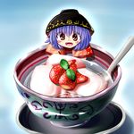  :d bad_id bad_pixiv_id blue_hair bowl bowl_hat cup food fruit hat minigirl oimo_(imoyoukan) open_mouth pink_hair short_hair smile spoon strawberry sukuna_shinmyoumaru touhou 