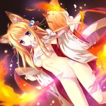  absurdres animal_ears blonde_hair detached_sleeves fire fox_ears fox_tail hair_bobbles hair_ornament highres japanese_clothes long_hair miko mouth_hold navel ofuda original purple_eyes ribbon ribbon-trimmed_sleeves ribbon_trim shoufukucho tail wide_sleeves 