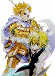 armor armored_boots arthur_pendragon_(nanatsu_no_taizai) ayaco_cc blonde_hair blue_eyes boots breastplate close-up collared_shirt copyright_name english full_armor gauntlets green_eyes highres holding holding_sword holding_weapon left-handed long_sleeves looking_at_viewer meliodas multiple_boys nanatsu_no_taizai scabbard serious sheath shirt short_hair shoulder_pads simple_background spiked_hair sword two-handed unsheathed vest weapon white_background white_shirt 
