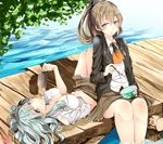  blush breasts brown_hair dock food green_eyes green_hair grin highres ice_cream kantai_collection kumano_(kantai_collection) lying medium_breasts multiple_girls narushima_kanna on_back popsicle school_uniform sitting skirt smile soaking_feet spoon suzuya_(kantai_collection) water 