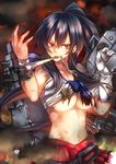  bad_id bad_pixiv_id bandaged_arm bandages black_hair breasts frown gloves hachisaki kantai_collection large_breasts long_hair looking_at_viewer miniskirt mouth_hold navel ponytail red_eyes red_skirt single_glove skirt solo torn_clothes underboob very_long_hair yahagi_(kantai_collection) 