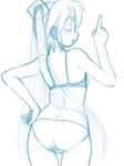  arched_back ass bra closed_eyes from_behind hand_on_hip hatsune_miku long_hair monochrome o-minato open_mouth panties pointing sketch solo thigh_gap twintails underwear underwear_only very_long_hair vocaloid 