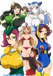  6+girls aoi_manabu bikini breast_press breasts bulge censored crossdressing erection erection_under_clothes heart huge_breasts jeeg-san large_breasts long_hair looking_at_viewer minerva_x_(robot_girls_z) multiple_girls navel one_eye_closed otoko_no_ko robot_girls_z short_hair simple_background smile swimsuit white_background z-chan 