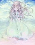  blonde_hair blue_eyes cloud colored_eyelashes covering_mouth dress finger_to_mouth floating_hair frilled_dress frilled_sleeves frills hair_over_one_eye highres index_finger_raised long_hair looking_at_viewer marnie omoide_no_marnie pale_color puffy_short_sleeves puffy_sleeves punitama short_sleeves sitting sky solo tears very_long_hair wavy_hair white_dress wind 