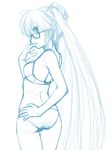  ass bespectacled bra glasses hand_on_hip hatsune_miku long_hair looking_back monochrome o-minato open_mouth panties sketch solo twintails underwear underwear_only very_long_hair vocaloid 