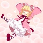  &gt;_&lt; :d blonde_hair bow closed_eyes drill_hair frilled_skirt frills hair_bow hair_ornament hair_ribbon hands_up hina_ichigo kouji_(campus_life) open_mouth pink_bow revision ribbon rozen_maiden shoes skirt smile solo twin_drills xd 