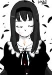 2014 akemi_homura black_hair closed_eyes crying dated dress facing_viewer funeral_dress greyscale hairband long_hair mahou_shoujo_madoka_magica mahou_shoujo_madoka_magica_movie monochrome no_mouth signature simple_background solo spoilers white_background 