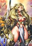  1girl blonde_hair breasts large_breasts long_hair looking_at_viewer momofuki_rio navel sword weapon 