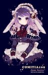  animal_ears apron bad_id bad_pixiv_id black_gloves blue_background blush bow box bunny_ears capelet gift gift_box gloves gradient_hair headdress highres long_hair multicolored multicolored_eyes multicolored_hair original purple_eyes purple_hair red_eyes simple_background solo sumisu_(rinsumi) 