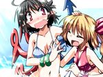  alternate_costume asymmetrical_wings bikini black_hair blonde_hair breasts cleavage fang flandre_scarlet hemogurobin_a1c houjuu_nue long_hair medium_breasts multiple_girls navel open_mouth pointy_ears red_eyes ribbon short_hair side_ponytail smile swimsuit tears touhou untying wings 