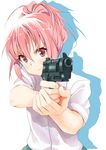  &gt;:) aiming_at_viewer bangs beretta_92 body_mahattaya_ginga commentary foreshortening gun hair_between_eyes handgun looking_at_viewer pink_eyes pink_hair pistol sabagebu! short_sleeves simple_background smile solo sonokawa_momoka trigger_discipline upper_body v-shaped_eyebrows weapon 