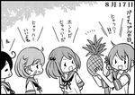  :d =_= ahoge akebono_(kantai_collection) bandaid bandaid_on_face bell black_hair blush closed_eyes comic dated flower food fruit greyscale hair_bell hair_bobbles hair_flower hair_ornament holding holding_food holding_fruit jingle_bell kantai_collection long_hair monochrome multiple_girls neck_ribbon oboro_(kantai_collection) open_mouth otoufu pineapple ribbon sazanami_(kantai_collection) school_uniform serafuku side_ponytail smile translated twintails ushio_(kantai_collection) v-shaped_eyebrows very_long_hair 