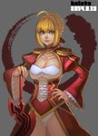  absurdres aestus_estus ahoge blonde_hair breasts cleavage dress epaulettes fate/extra fate_(series) green_eyes hand_on_hilt highres kalata large_breasts nero_claudius_(fate) nero_claudius_(fate)_(all) red_dress solo 