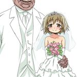  1girl age_difference blush bouquet brown_eyes brown_hair couple dress fat fat_man flower height_difference hetero hidamari_sketch short_hair tiara tuxedo ugly_man veil wedding_dress yuno 