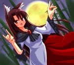  :3 animal_ears bamboo bamboo_forest blush breasts brown_hair collarbone dress forest fox_shadow_puppet full_moon imaizumi_kagerou jewelry long_hair long_sleeves looking_at_viewer medium_breasts misoshiru_(meridianchild312) moon nature night open_mouth red_eyes solo touhou wolf_ears 