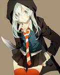  blue_eyes blue_hair collarbone commentary frown gloves gradient_hair hood looking_at_viewer multicolored_hair necktie newo_(shinra-p) original pleated_skirt red_legwear skirt solo striped striped_neckwear sweater_vest sword thighhighs weapon white_gloves white_hair zettai_ryouiki 
