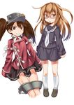  brown_eyes brown_hair chestnut_mouth crescent glasses grin kantai_collection looking_at_viewer mochizuki_(kantai_collection) multiple_girls neriwasabi open_mouth ryuujou_(kantai_collection) simple_background sleeves_past_wrists smile twintails visor_cap white_background 